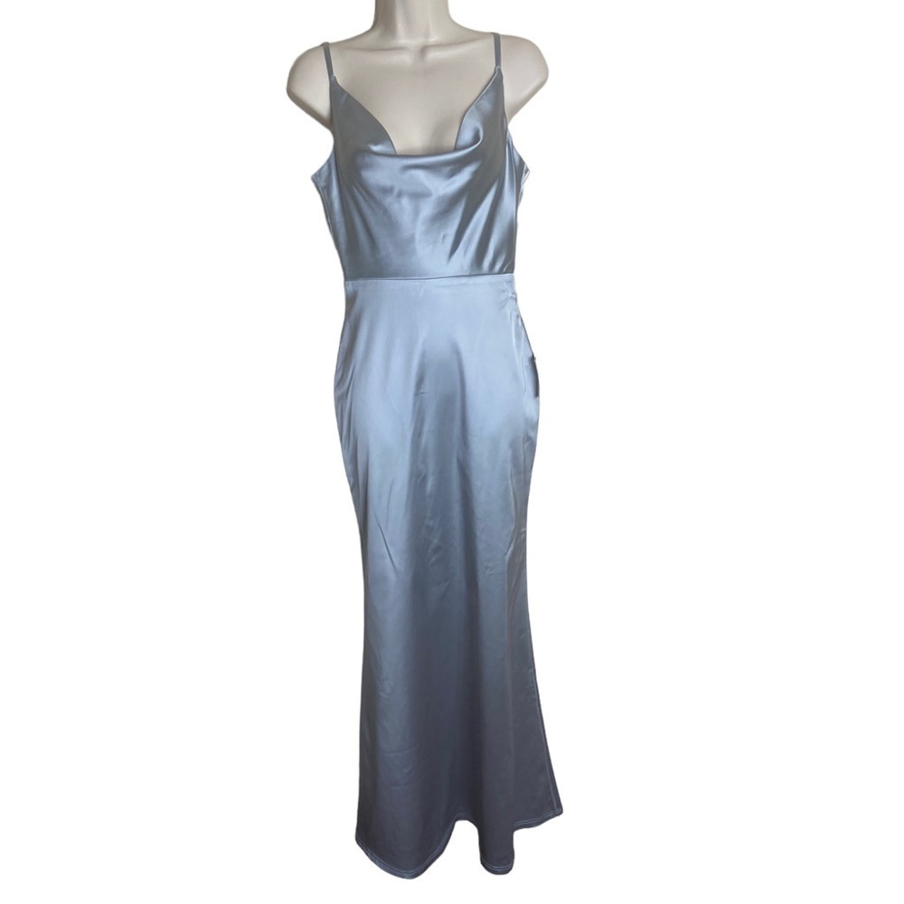 NWT Lulu’s Daring Romance Pastel Blue Satin Cowl Neck Maxi Dress - Picture 2 of 7